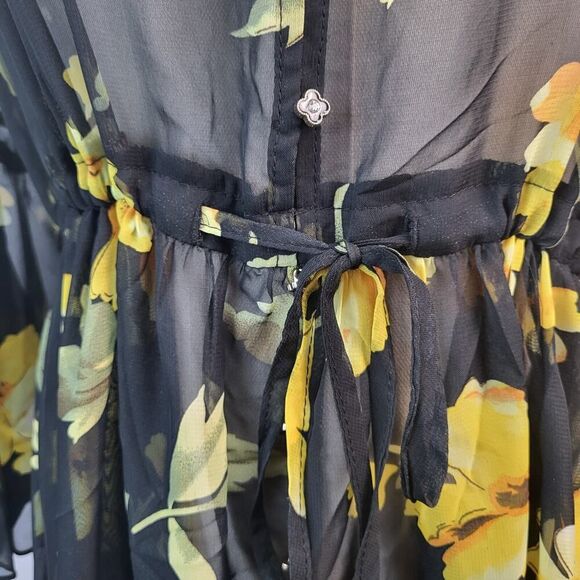NEW POL Small Sheer Midi Maxi Dress Lingerie Cover-Up Black Yellow Floral Print - Picture 14 of 16